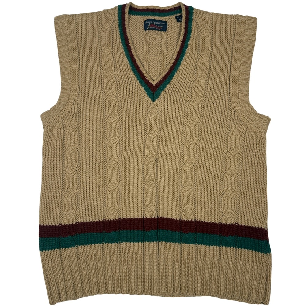 Arrow Sportswear‎ Vintage Mens Cable Knit Sweater Vest Striped Tan Medium